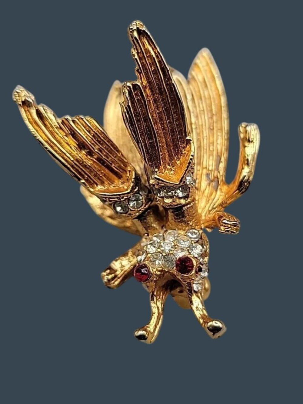 Vintage Insect Trembler Brooch 1950s Red Rhinestone Eye Gold Tone Moving Wings